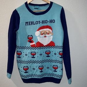 Norther Pole Blue Santa Claus Wine Merlot Ho Ho Christmas Sweater